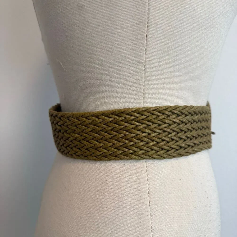 Large Buckle Olive Khaki Crochet Woven Belt Small-Medium Faux Leather